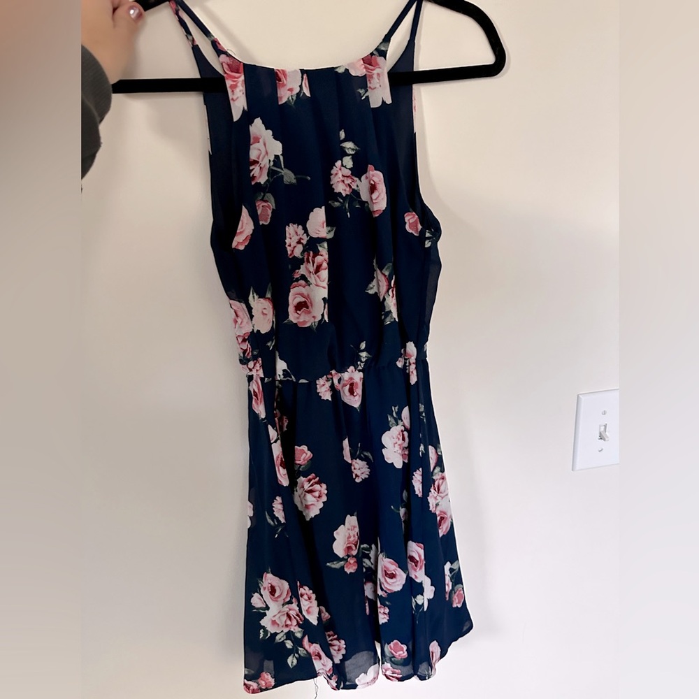 Navy with pink flowers floral high neck flowy mini dress